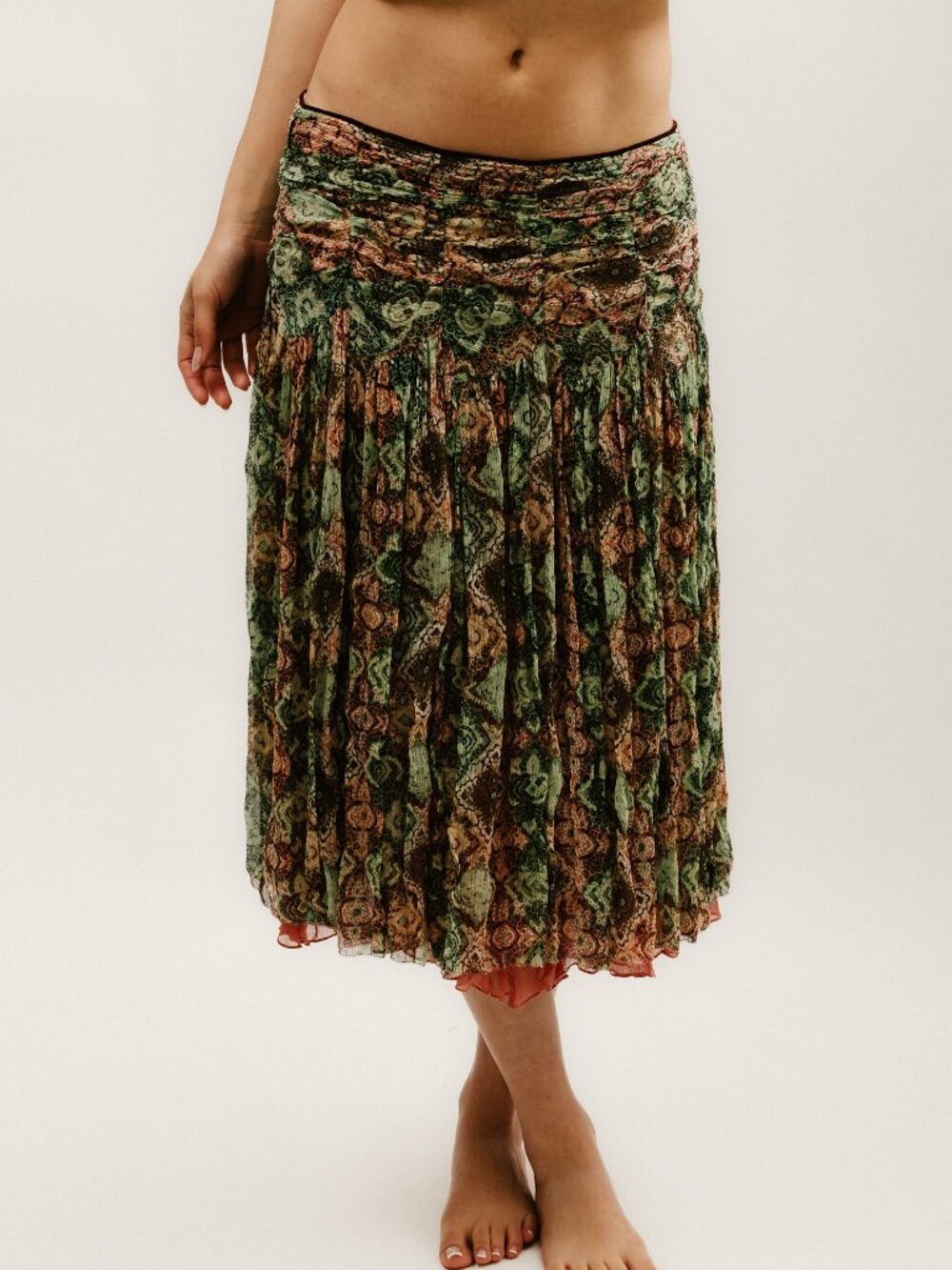 Y2K Drop Waist Skirt (M) medium blue brown vintage midi Tahari boho chic diva